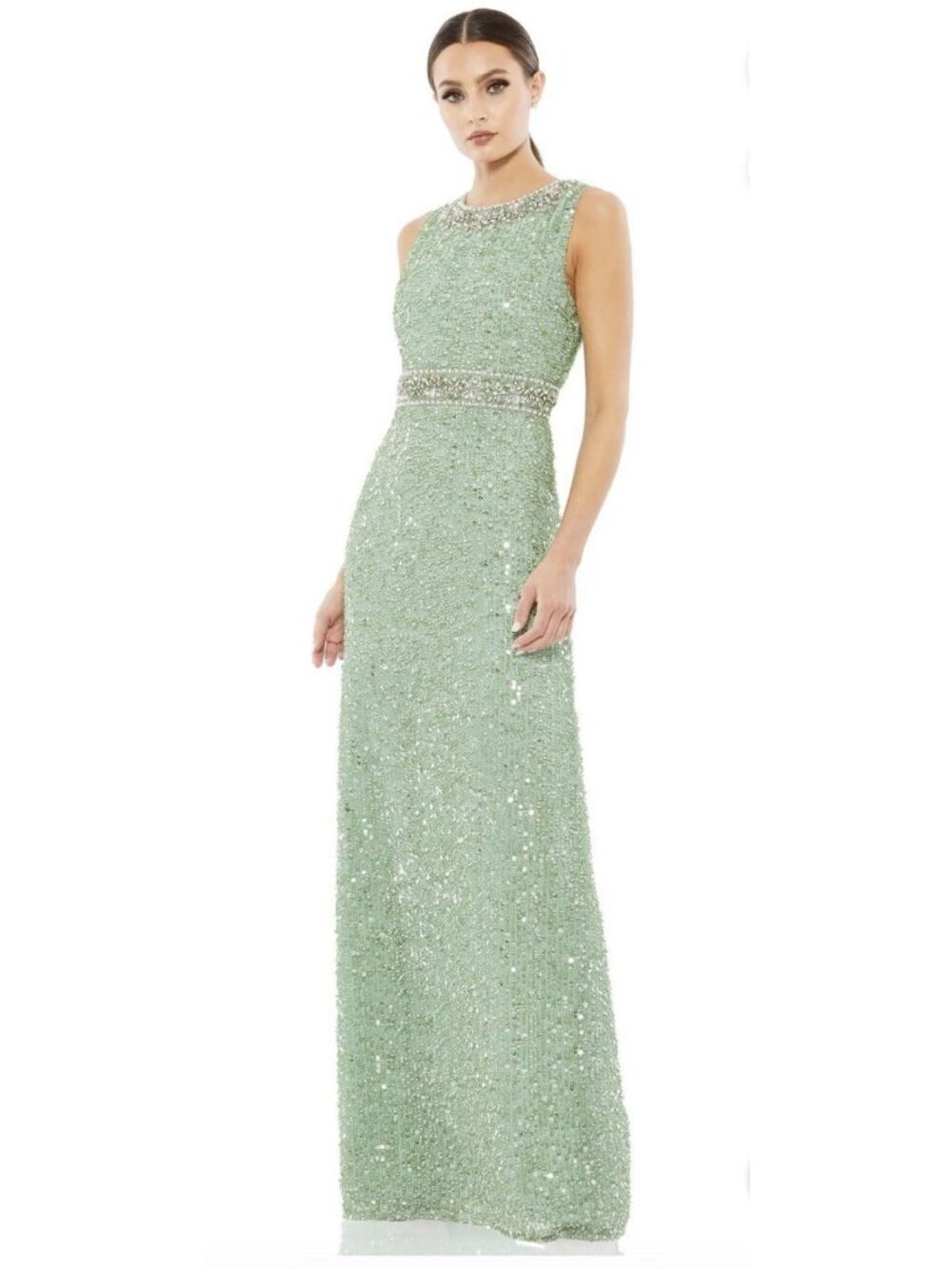 Mac Duggal Dress Size 10 Green Evening Gown Sequin Sleeveless Column 10839